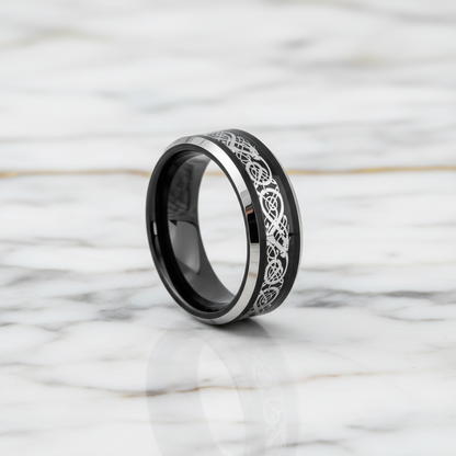 Black Tungsten Men's Wedding Band with Silver Celtic Dragon Inlay