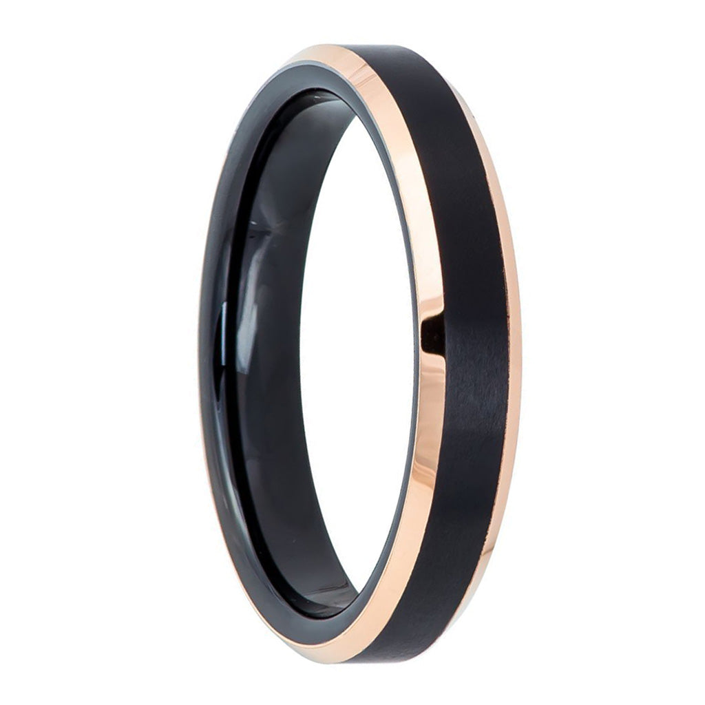 Black Tungsten Men's Wedding Band with Beveled Rose Gold Edges