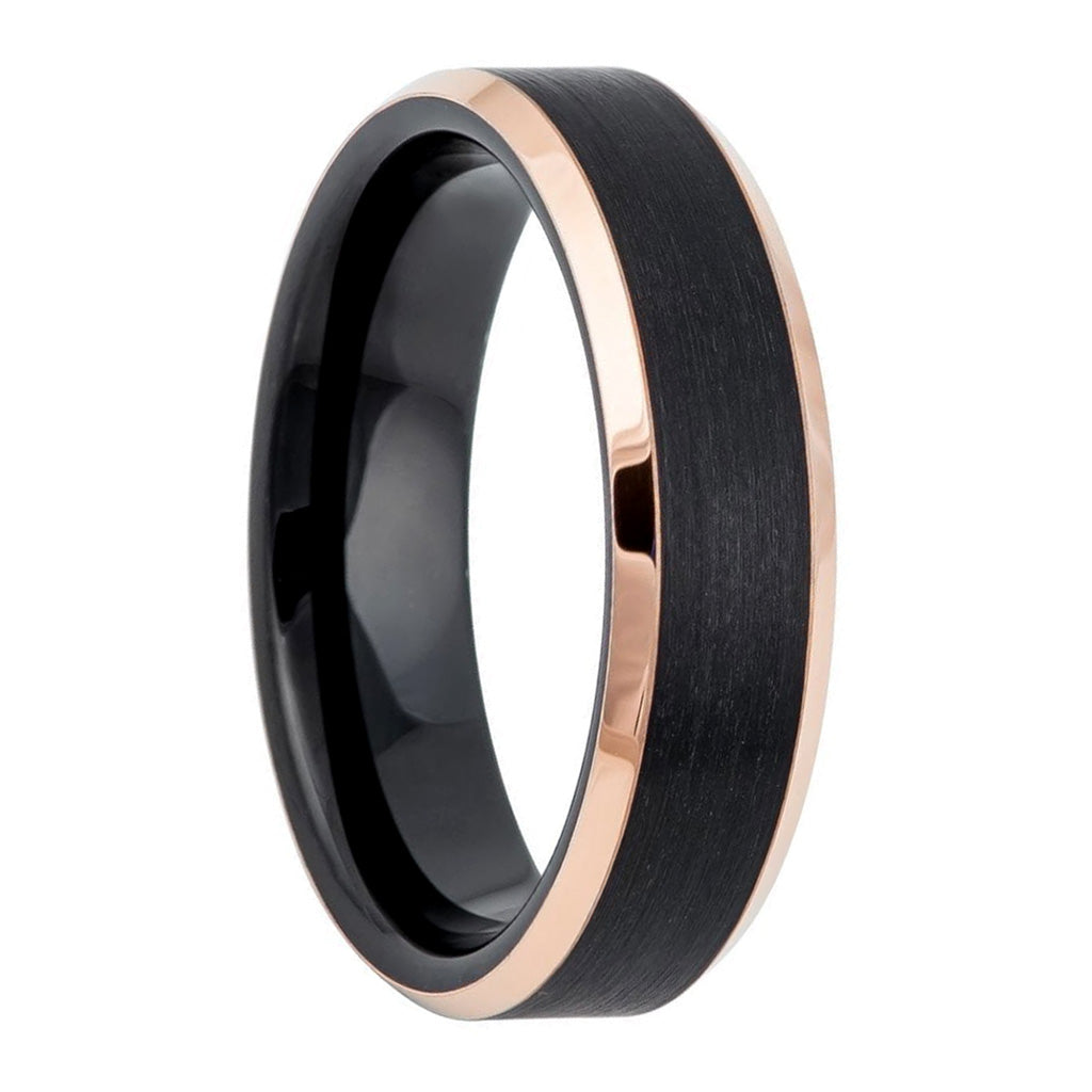 Black Tungsten Men's Wedding Band with Beveled Rose Gold Edges