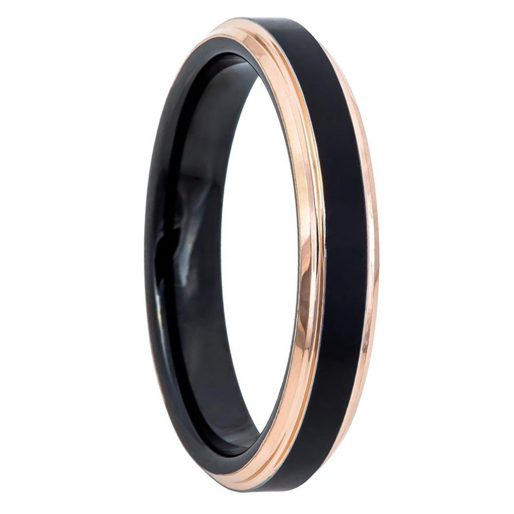 Black Tungsten Men's Wedding Band with Stepped Rose Gold Edges