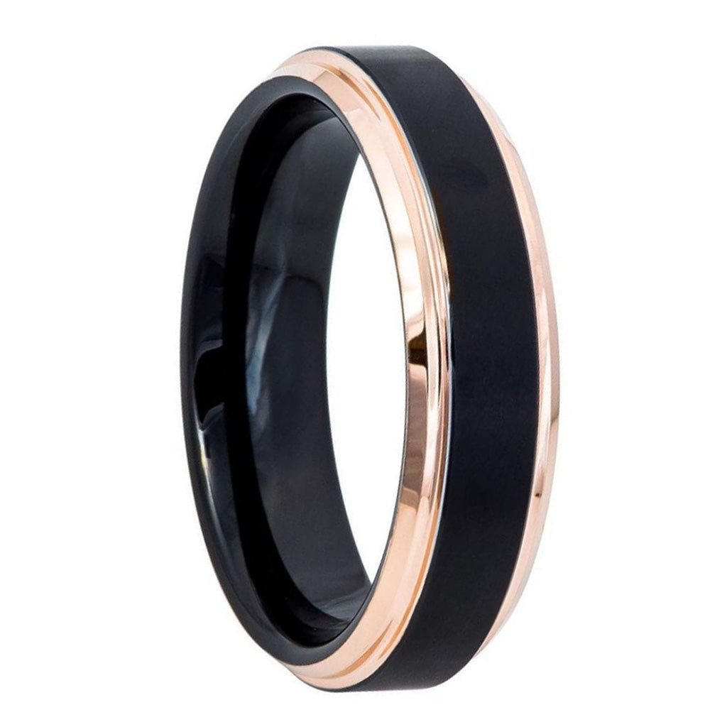Black Tungsten Men's Wedding Band with Stepped Rose Gold Edges