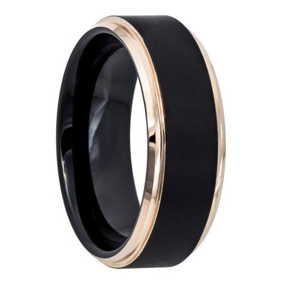 Black Tungsten Men's Wedding Band with Stepped Rose Gold Edges