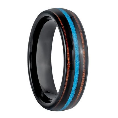 Black Tungsten Men's Wedding Band with Koa Wood & Crushed Turquoise Inlay