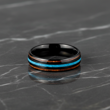 Black Tungsten Men's Wedding Band with Koa Wood & Crushed Turquoise Inlay