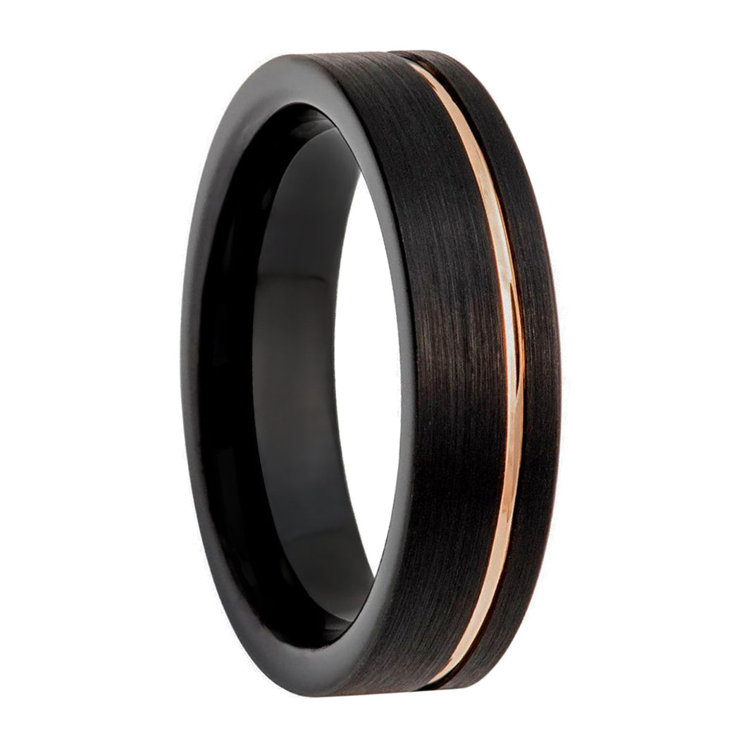 Black Tungsten Men's Wedding Band with Asymmetrical Rose Gold Groove