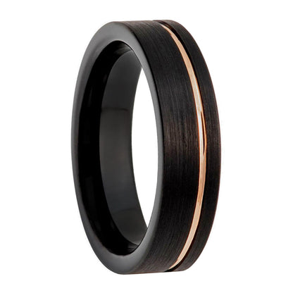 Black Tungsten Men's Wedding Band with Asymmetrical Rose Gold Groove