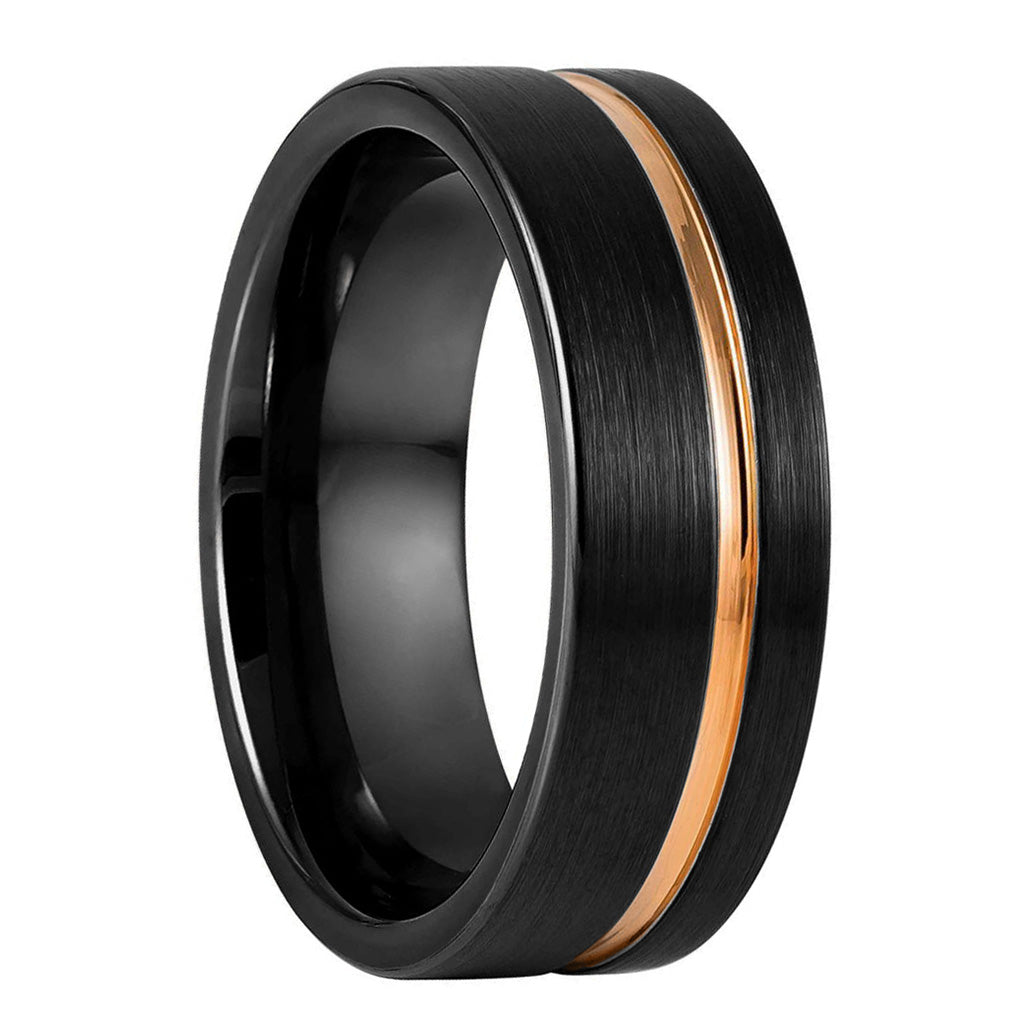 Black Tungsten Men's Wedding Band with Asymmetrical Rose Gold Groove