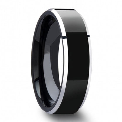 Black Tungsten Men's Wedding Band with Contrasting Silver Edges