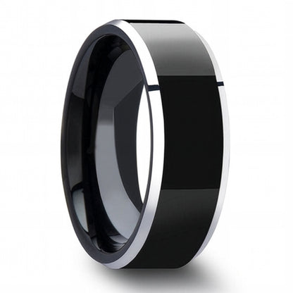 Black Tungsten Men's Wedding Band with Contrasting Silver Edges