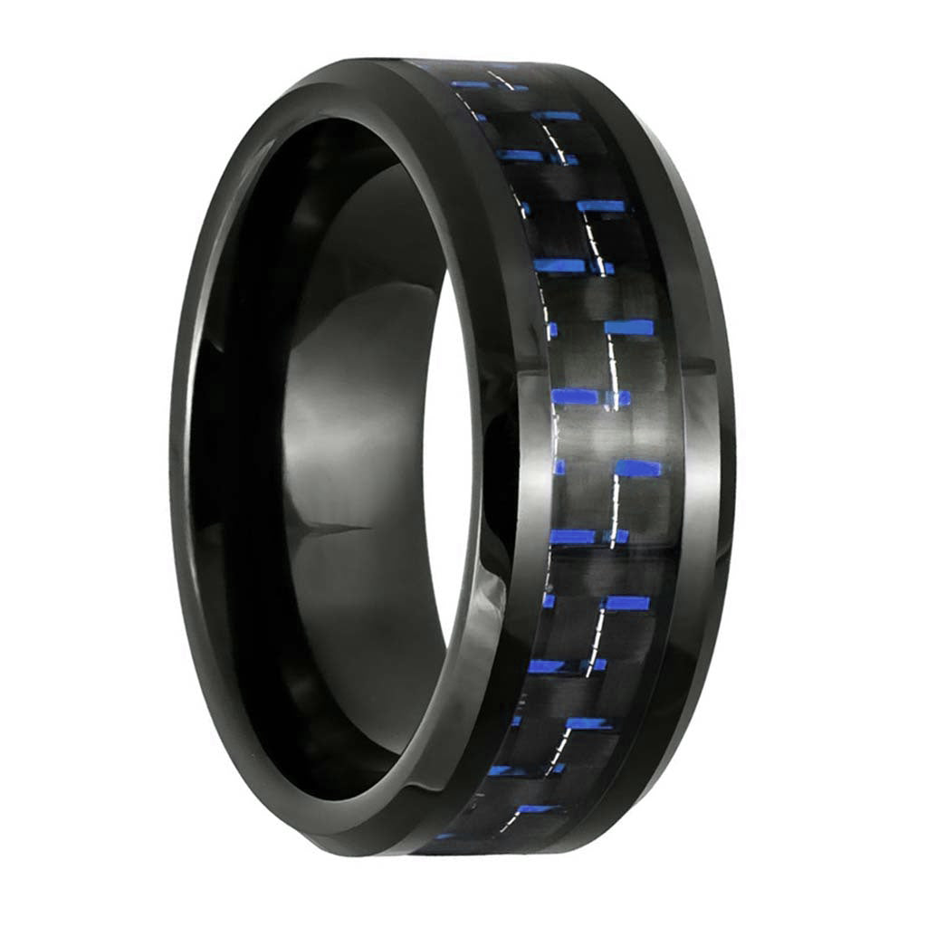 Blue & Black Carbon Fiber Inlaid Black Tungsten Men's Wedding Band