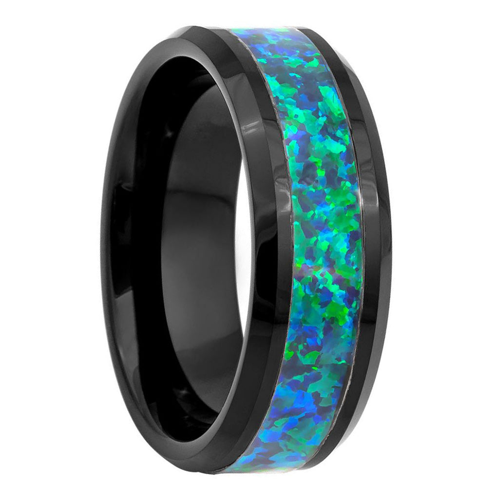 Alianza de boda para hombre de tungsteno negro con incrustaciones de ópalo azul