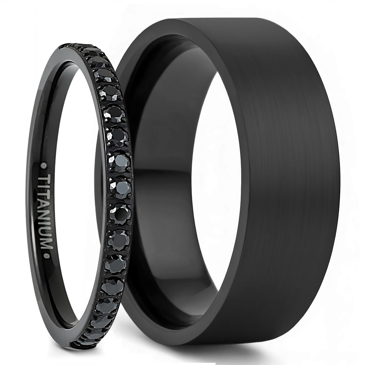 Black Titanium & Black Cubic Zirconia Couple's Wedding Band Set