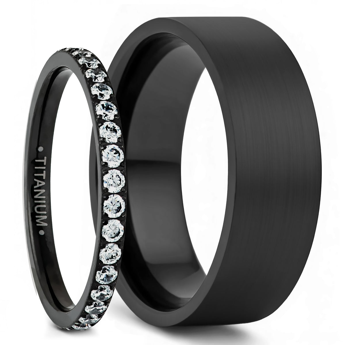 Black Titanium & Cubic Zirconia Couple's Wedding Band Set