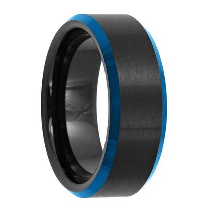 Brushed Black Tungsten Men's Wedding Band with Blue Edges