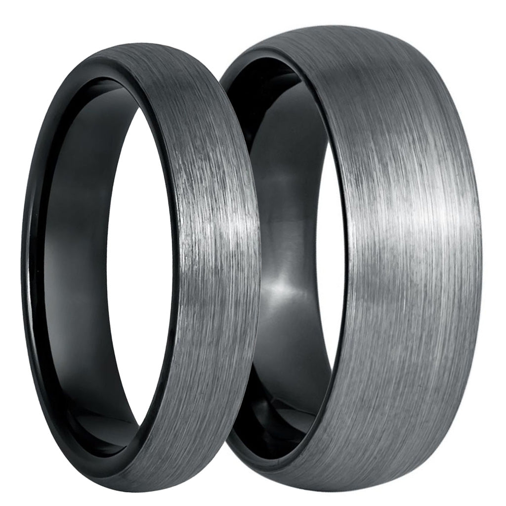 Brushed Domed Gunmetal Gray Tungsten Couple's Matching Wedding Band Set with Contrasting Black Interior
