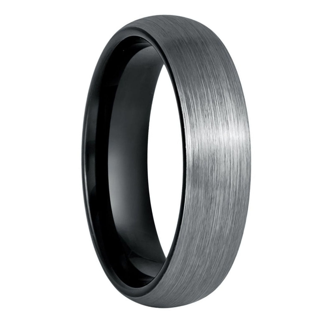 Alianza de boda para hombre de tungsteno cepillado abovedado con interior negro en contraste