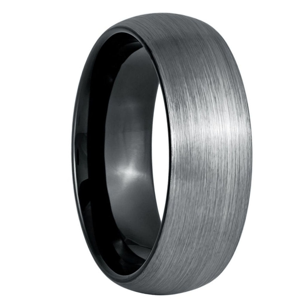 Alianza de boda para hombre de tungsteno cepillado abovedado con interior negro en contraste