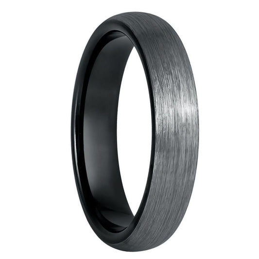Alianza de boda para mujer de tungsteno gris metalizado con cúpula cepillada e interior negro en contraste