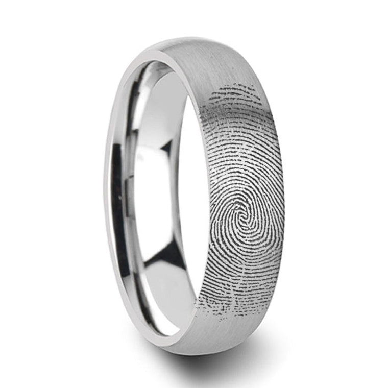 Custom Fingerprint Engraved Domed Brushed Tungsten Wedding Band