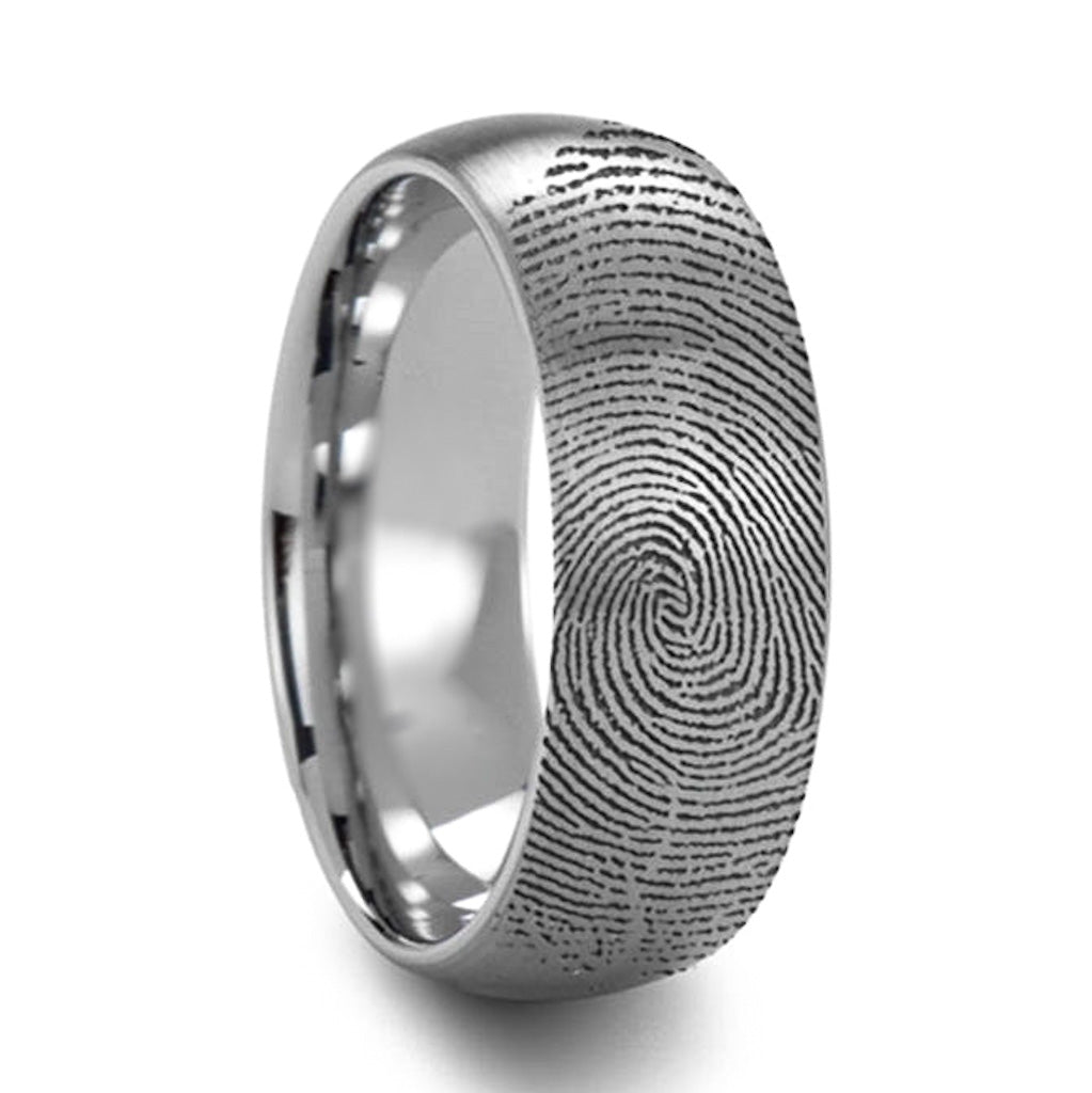 Custom Fingerprint Engraved Domed Brushed Tungsten Wedding Band