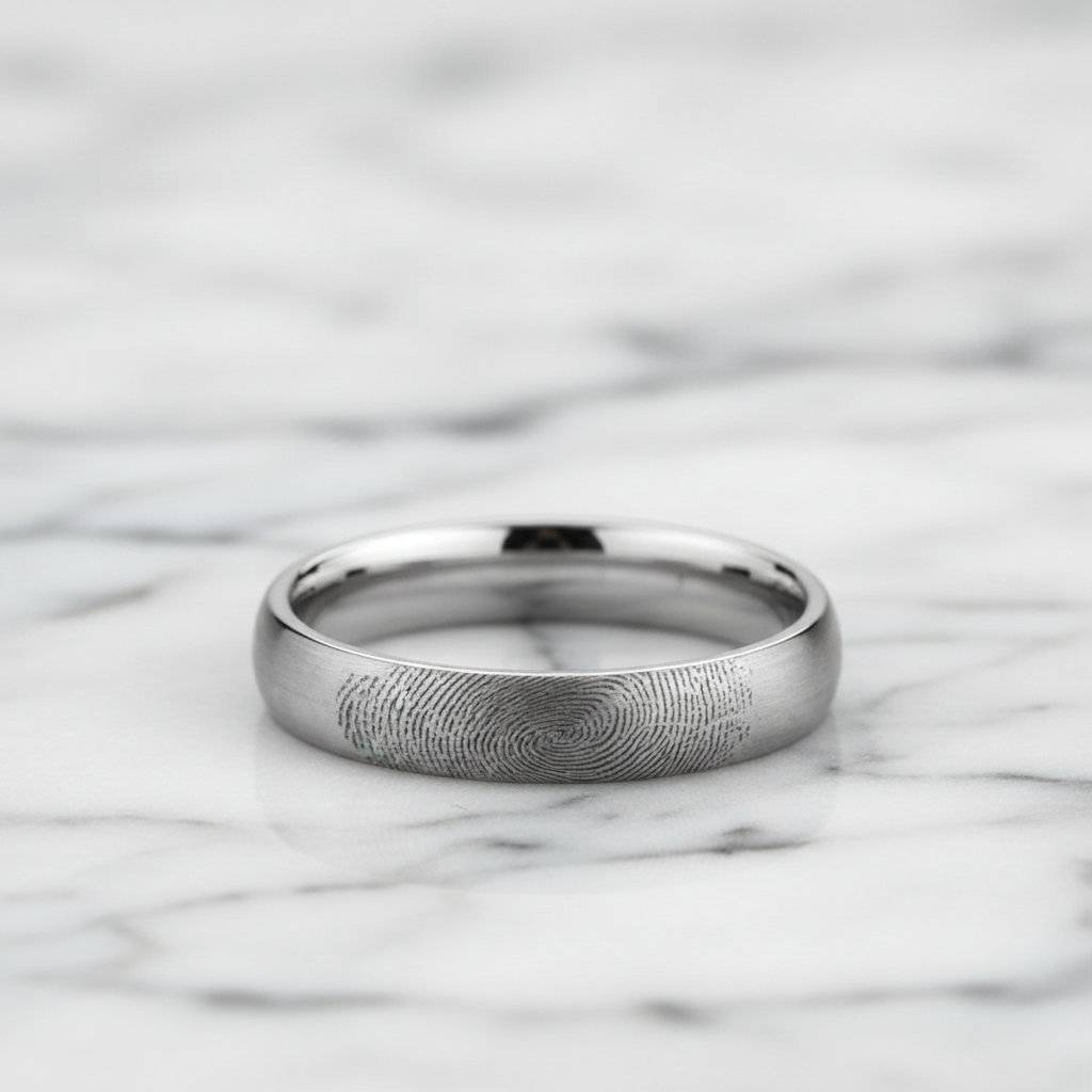 Silver ring with fingerprint design on a marble surface