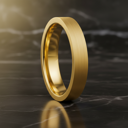 Gold ring on a reflective dark marble surface