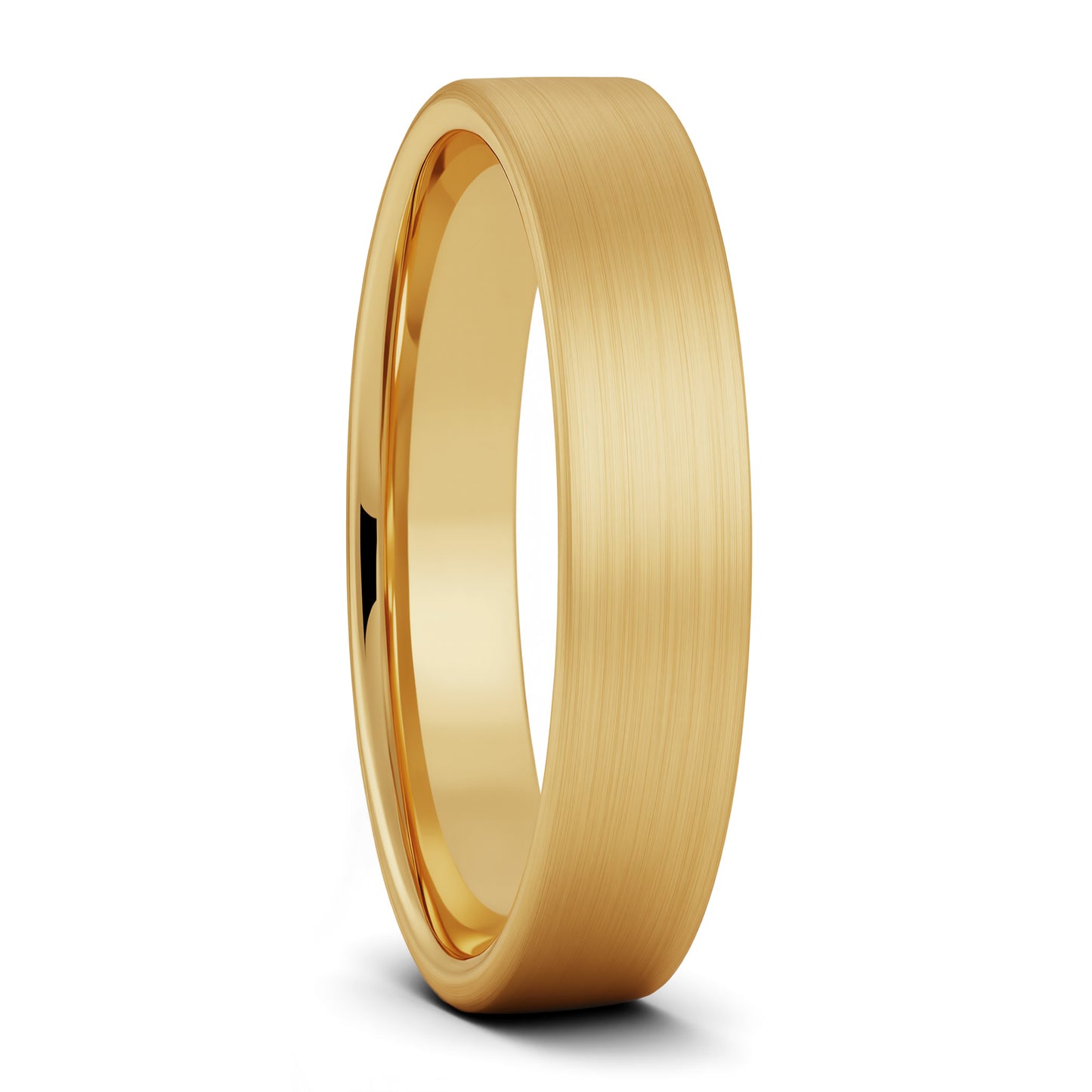 A brushed gold tungsten wedding band with a comfort fit design.