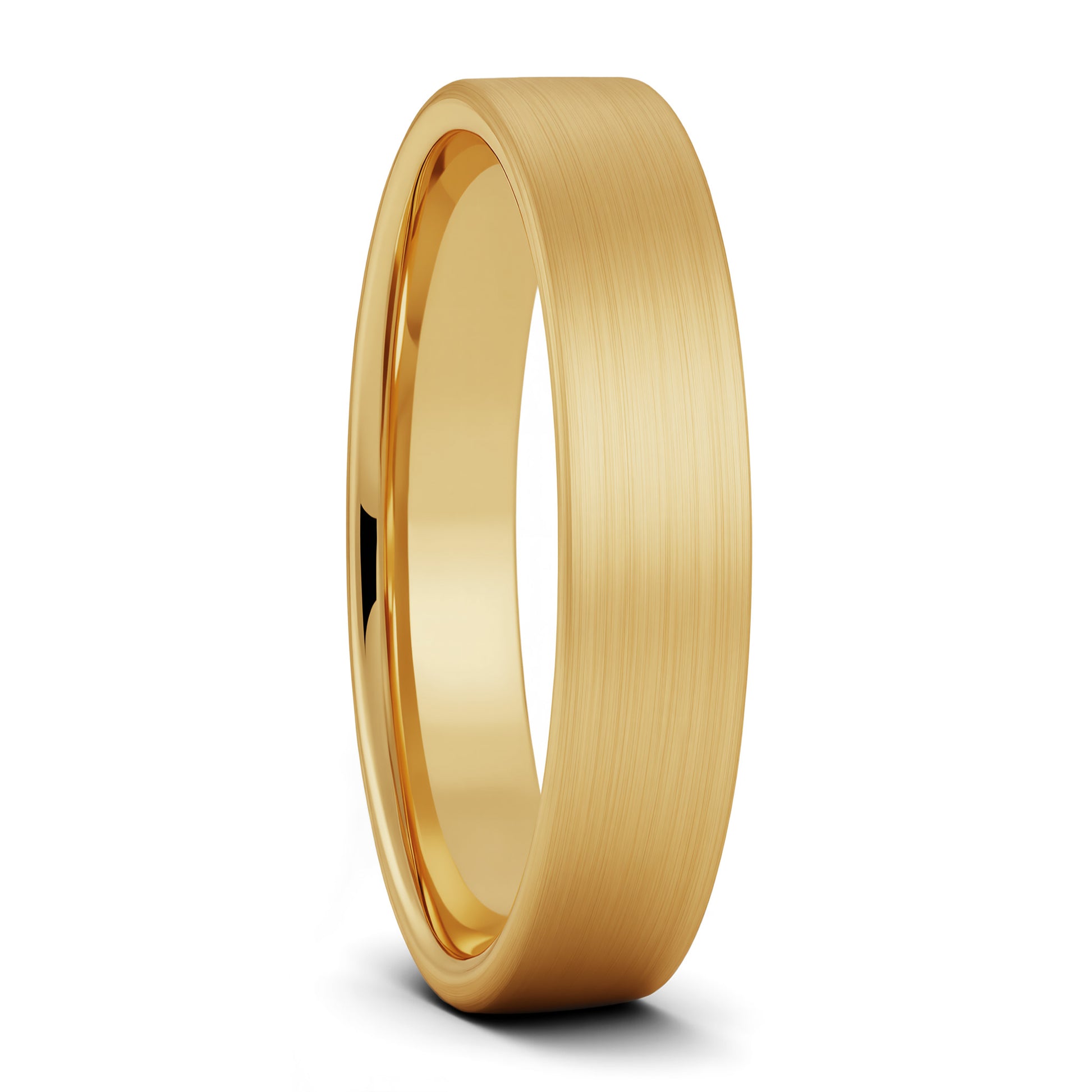 A brushed gold tungsten wedding band with a comfort fit design.
