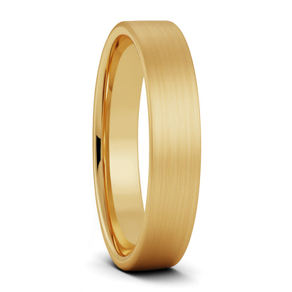 A brushed gold tungsten wedding band with a comfort fit design.