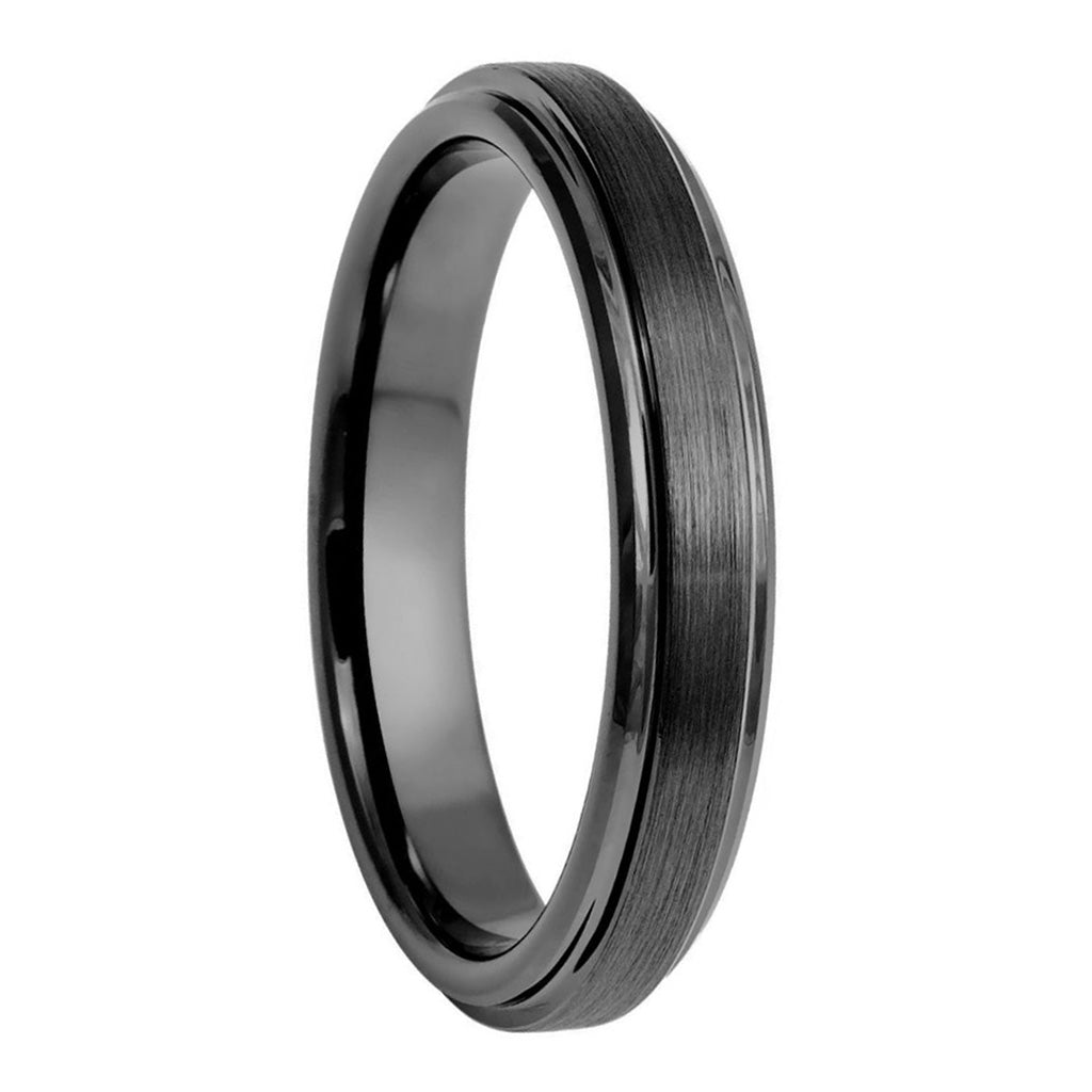 Brushed Gunmetal Gray Tungsten Men's Wedding Band with Stepped Edges