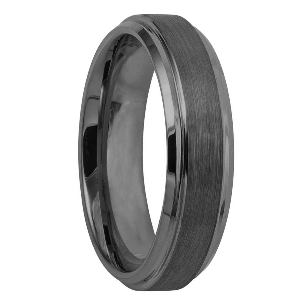 Brushed Gunmetal Gray Tungsten Men's Wedding Band with Stepped Edges