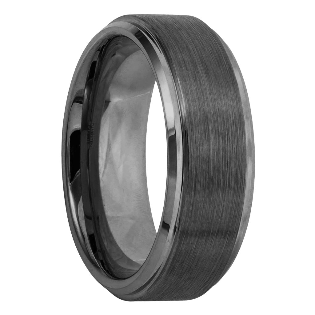Brushed Gunmetal Gray Tungsten Men's Wedding Band with Stepped Edges