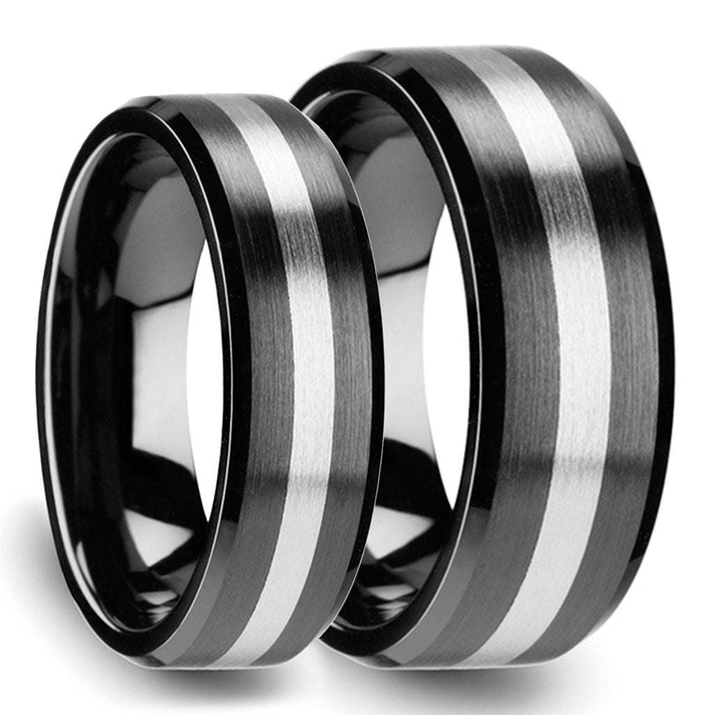 Brushed Tungsten Inlay Black Ceramic Couple's Matching Wedding Band Set