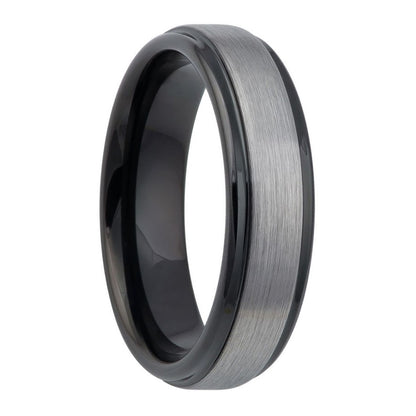 Brushed Tungsten Men's Wedding Band with Black Stepped Edges & Interior