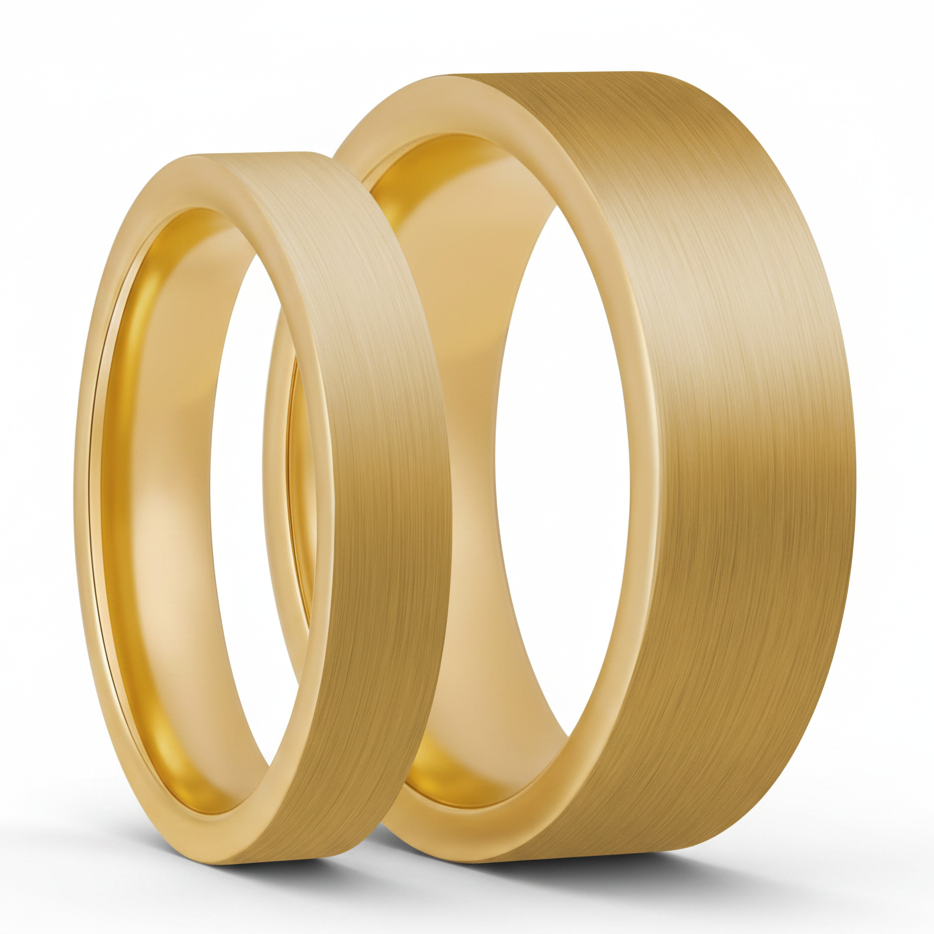 Brushed Yellow Gold Tungsten Couple's Matching Wedding Band Set