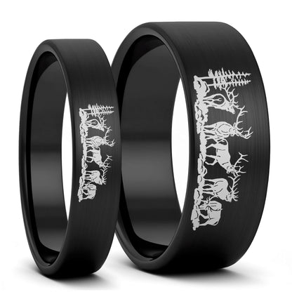 Bull Elk Brushed Black Tungsten Couple's Matching Wedding Band Set