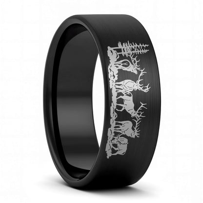 A bull elk brushed black tungsten men's wedding band displayed on a plain white background.