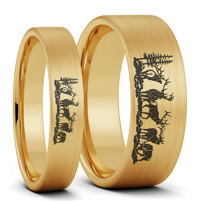 Bull Elk Brushed Black Tungsten Couple's Matching Wedding Band Set