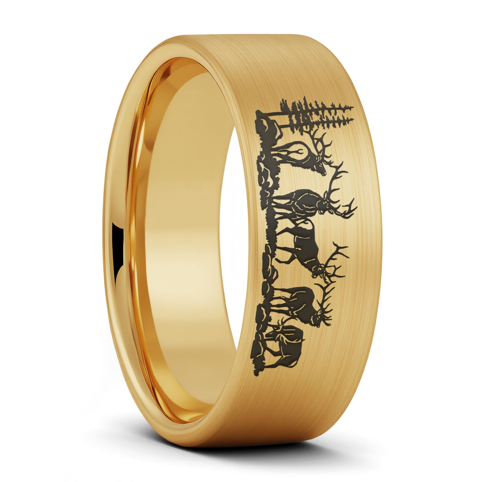 A bull elk brushed gold tungsten men's wedding band displayed on a plain white background.