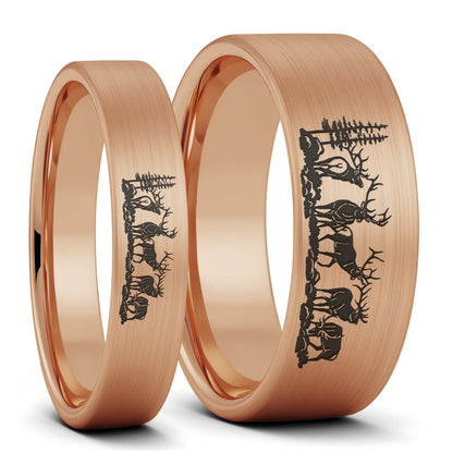 Bull Elk Brushed Black Tungsten Couple's Matching Wedding Band Set