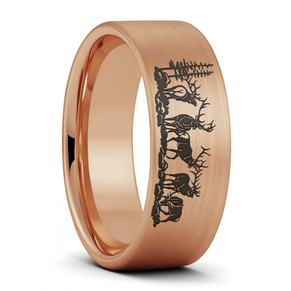 A bull elk brushed rose gold tungsten men's wedding band displayed on a plain white background.