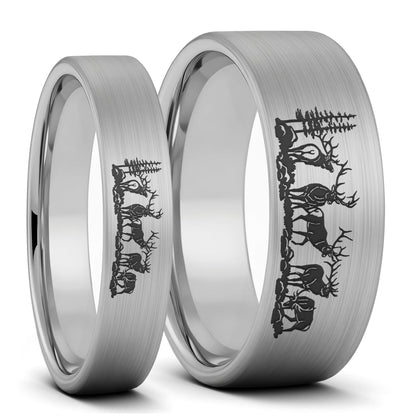 Bull Elk Brushed Black Tungsten Couple's Matching Wedding Band Set