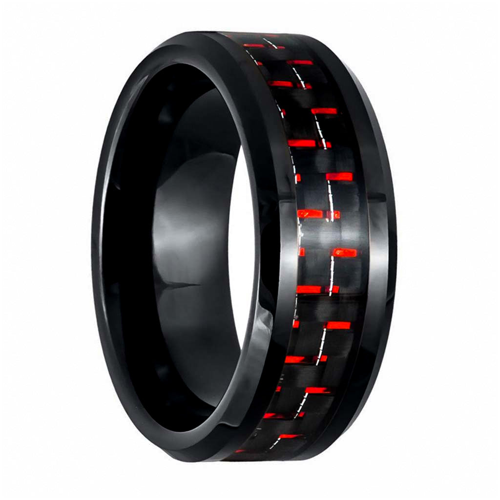 Alianza de boda para hombre de tungsteno negro con incrustaciones de fibra de carbono roja