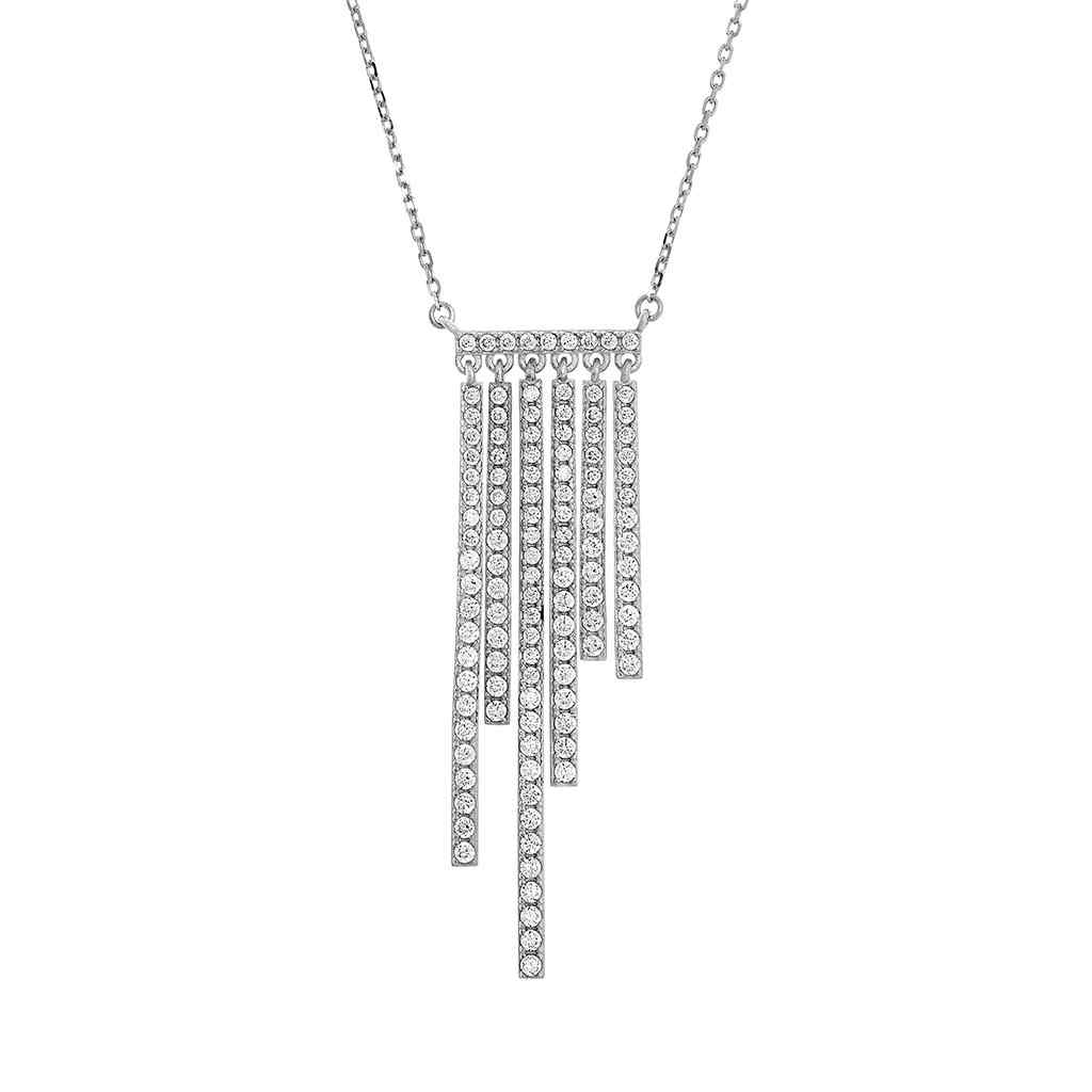 A cascade necklace with simulated diamonds displayed on a neutral white background.
