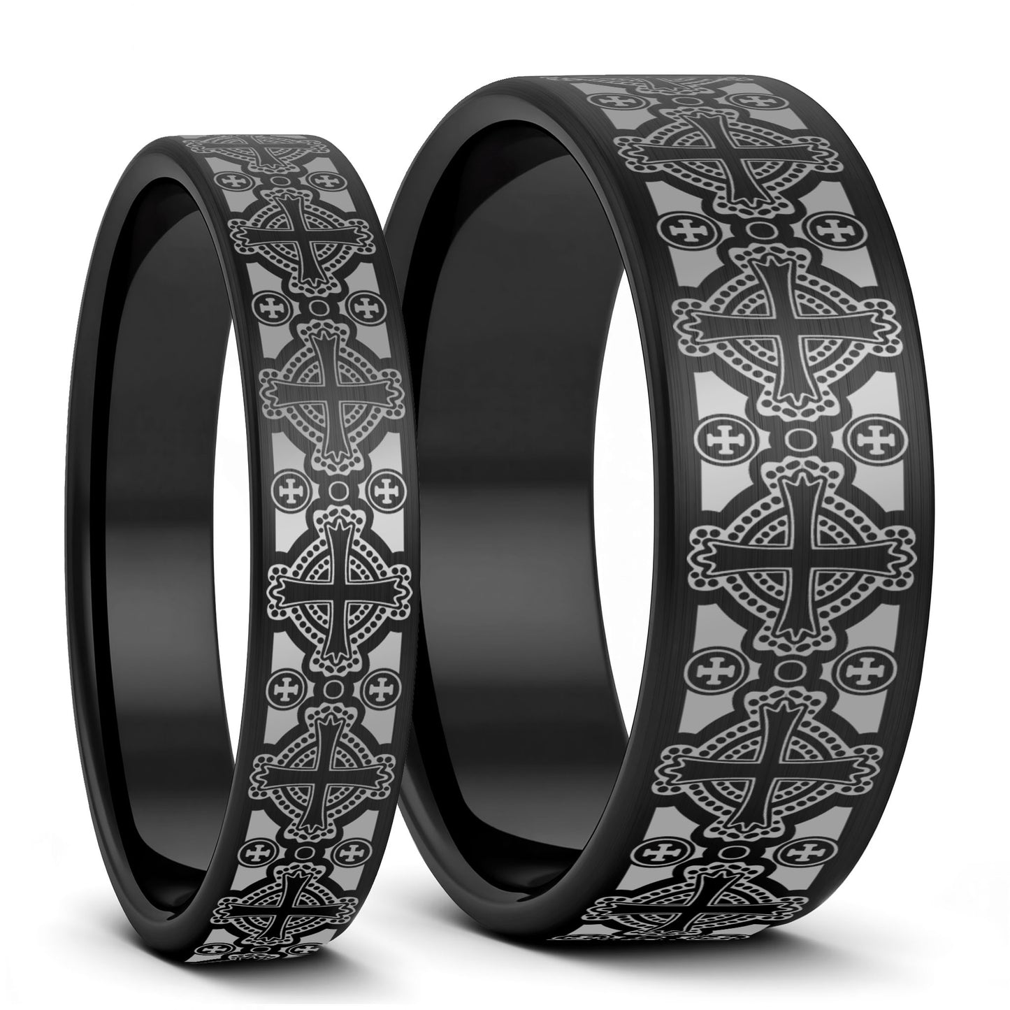 Celtic Cross Pattern Brushed Tungsten Couple's Matching Wedding Band Set
