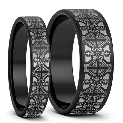 Celtic Cross Pattern Brushed Tungsten Couple's Matching Wedding Band Set