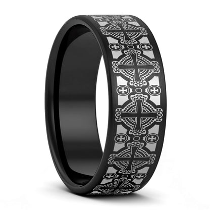 Celtic Cross Pattern Brushed Tungsten Wedding Band