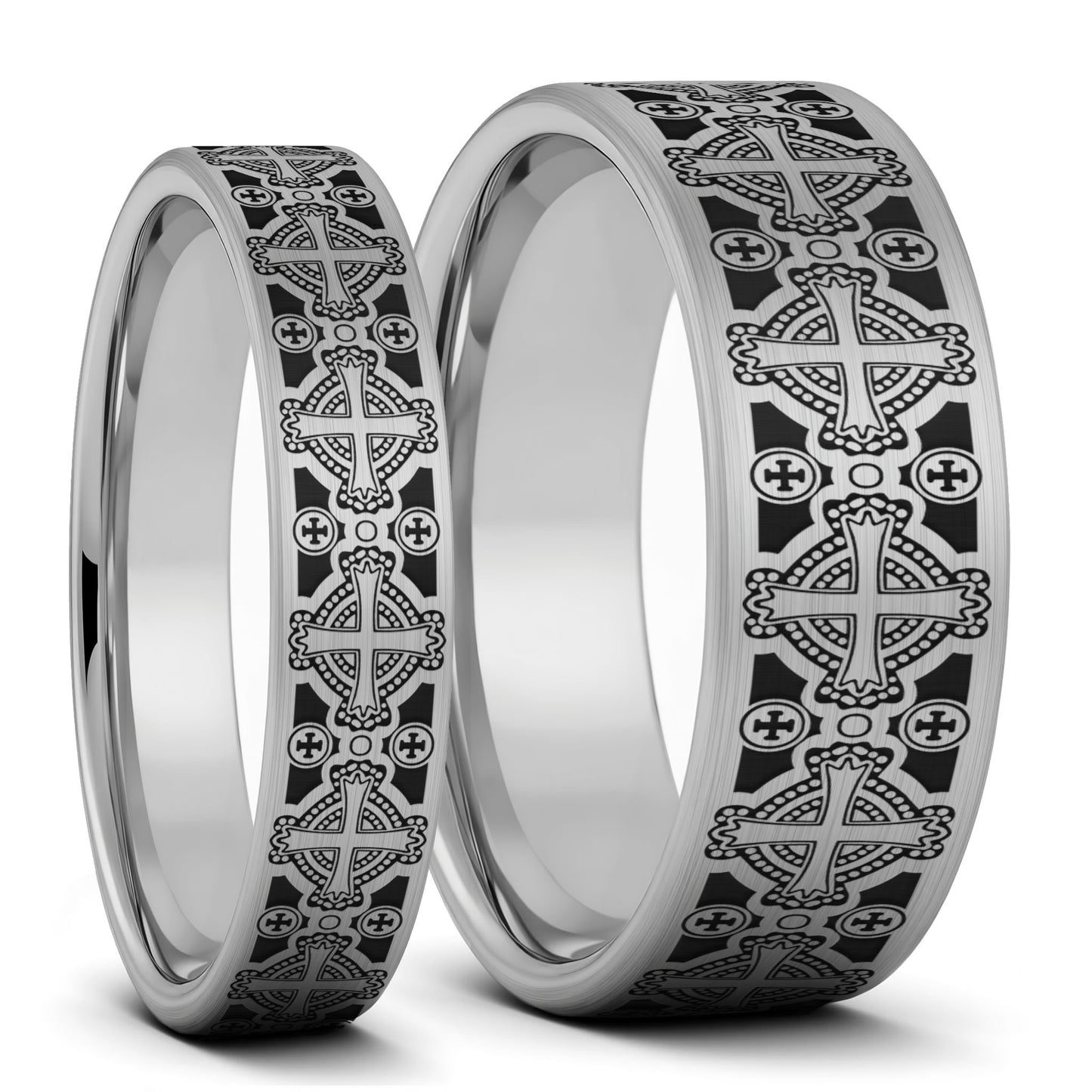 Celtic Cross Pattern Brushed Tungsten Couple's Matching Wedding Band Set