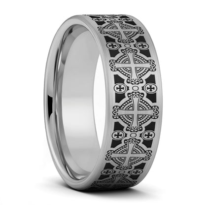 Celtic Cross Pattern Brushed Tungsten Wedding Band