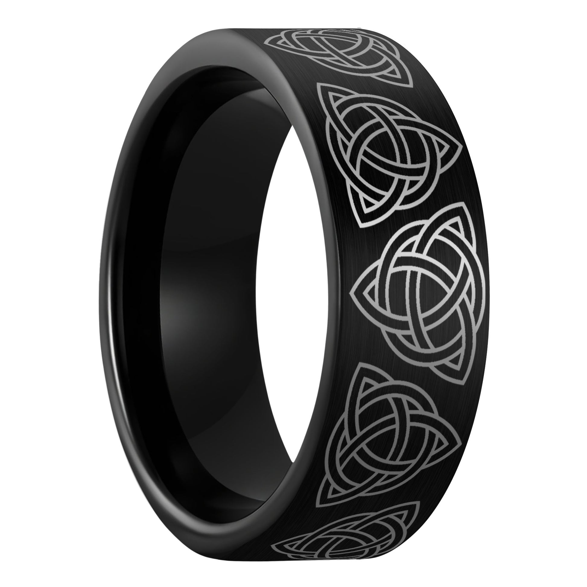 A celtic trinity knot brushed black tungsten men's wedding band displayed on a plain white background.